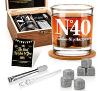 EXREIZST Set di bicchieri da whisky vintage per il 40° compleanno da uomo 1986 con scatola in legno, pietre per whisky e pinze - N°40 Favoloso Sip Happens, regalo per lui, marito, papà amico