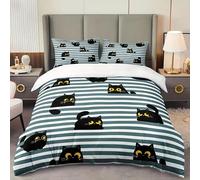EXSANLIEAY Strisce Blu Copripiumino Gatto Nero Dei Cartoni Animati Copripiumini Reversibile - Matrimoniale 3 Pezzi in Microfibra, Comprendente 1 Copripiumino 240x220 cm + 2 Federe 50x80 cm