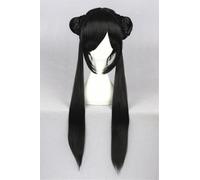 Extension 31" Synthetic Black Hair Short Straight Hair Wig with Bangs Two Hair Buns Style Cosplay Wig Heat Resistance Fiber Wig for Daily Use, Cosply, Parties and Halloween