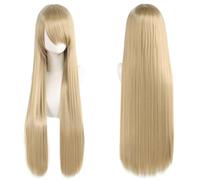 Extension 32" 80cm Long Straight Natural Hair Cosplay Wigs with Bangs Heat Resistant Synthetic Colorful Halloween Cosplay Anime Costume Party Daily Use Wigs for Women, Light Gold(Linen)