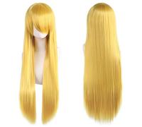 Extension 32" 80cm Long Straight Natural Hair Cosplay Wigs with Bangs Heat Resistant Synthetic Colorful Halloween Cosplay Anime Costume Party Daily Use Wigs for Women, Light Gold(Blonde)