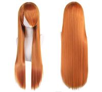 Extension 32" 80cm Long Straight Natural Hair Cosplay Wigs with Bangs Heat Resistant Synthetic Colorful Halloween Cosplay Anime Costume Party Daily Use Wigs for Women, Light Gold(Orange)