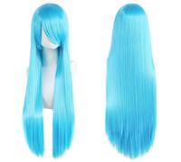 Extension 32" 80cm Long Straight Natural Hair Cosplay Wigs with Bangs Heat Resistant Synthetic Colorful Halloween Cosplay Anime Costume Party Daily Use Wigs for Women, Light Gold(Sky Blue)