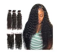 Extension 8-34 pollici Bandetti a onda profonda con chiusura a pizzo Brasiliano Ricci Capelli umani Wave Wave 3 Bundles 4 "× 4" Tessuti for tessere 130% Densità Braiding Hair (Color : 4x4 Lace Closur