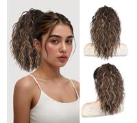 Extension a coda di cavallo corta da 35,6 cm, capelli sintetici ricci ondulati a strati, soffici, leggeri, da indossare tutti i giorni, da donna, marrone cioccolato con riflessi biondo caramello, QGZ