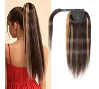 Extension a coda di cavallo in seta umana, capelli lisci e leggeri, T4/27, un pezzo, avvolgente, per donne (40,6 cm)