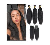 Extension Capelli Fasci di capelli umani lisci e crespi con attaccatura naturale pre-pizzicata in pizzo 4×4 Extension Capelli Veri(14 with 12Closure)