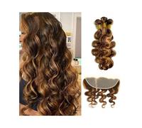 Extension Capelli Pacchetti Body Wave con estensioni frontali for capelli umani, evidenziano P4-27, intreccio di capelli vergini brasiliani, 3 pacchetti con pizzo frontale 13x4 Extension Capelli Veri(