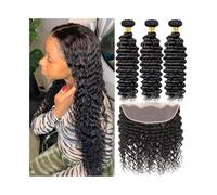 Extension Capelli Pacchetti di capelli brasiliani con onda profonda frontale, 3 pacchetti con parte libera 13x4 in pizzo frontale, estensione di capelli umani Remy ricci profondi Extension Capelli Ver