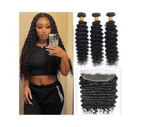 Extension Capelli Pacchetti di onde profonde con frontale for donne nere Doppia trama Capelli vergini brasiliani naturali Wwave 3 Bundle con parte libera 13×4 Frontale in pizzo Extension Capelli Veri(