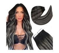 Extension Capelli Veri Biadesivo Nastro adesivo for extension capelli umani Balayage da nero naturale a grigio argento 20 pezzi - Extension di capelli veri con doppia cucitura - Nastro invisibile nell