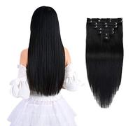 Extension con clip in capelli umani Remy, 51 cm, colore nero, da donna, alla moda, lunghi e setosi, 8 pezzi, 20 clip, capelli veri con clip, 50,8 cm, 100 g, nero corvino #1