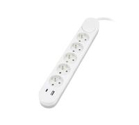 Extension Cord 5X 2P+Z con interruttore, 1,5mm, 2,0m, 2X USB (tipo C + A) - Ideale per la ricarica e il collegamento di dispositivi elettrici.