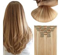 Extension di capelli umani Remy con clip, 7 pezzi, grado 9A, morbidi, setosi, con estremità spessa, extension per tutta la testa, con balayage naturale (27613#, 40,6 cm, 120 g)