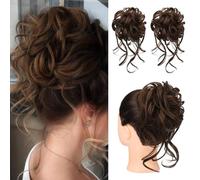 Extension e pezzi di capelli dall'aspetto naturale 2 pezzi di extension for capelli con chignon spettinato, fasce for capelli ondulate e ricce Extension per coda di cavallo con clip in capelli(Dark br