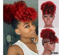 Extension e pezzi di capelli dall'aspetto naturale Chignon afro sintetico con frangia e coulisse for donne nere Extension per coda di cavallo con clip in capelli(Red)