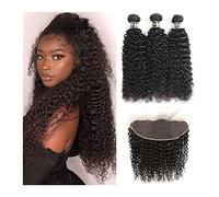 Extension Estensioni dei capelli umani del tessuto riccio brasiliano Kinky riccio 13x4 chiusura frontale in pizzo 3 pacchi con fasci di tessuto frontale in pizzo Braiding Hair (Color : Free Part, Si