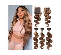 Extension Evidenzia P4/27 Pacchetti di onde del corpo con chiusura in pizzo HD 4x4 3 4 Pacchetti di capelli umani Remy color miele peruviano con chiusura Braiding Hair(24 26 28 with 20)