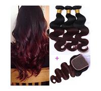 Extension Fasci bordeaux con chiusura Ombre fasci di onde del corpo con chiusura 1B / 99J Fasci colorati di tessuto for capelli umani a due toni Braiding Hair(12 14 16 with 10,Three Part)