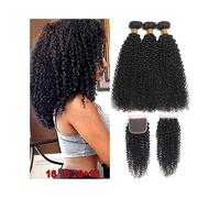 Extension Fasci di capelli vergini malesi ricci crespi con chiusura 4×4 Fasci di capelli umani con chiusura in pizzo Braiding Hair(18 20 22 Closure 16)