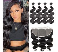 Extension Fasci di onde del corpo da 16-30 pollici con chiusura frontale Fasci di capelli umani ricci brasiliani 3/4 fasci Fasci di capelli umani ad onde d'acqua Braiding Hair(Color:13x6 Transparent,S