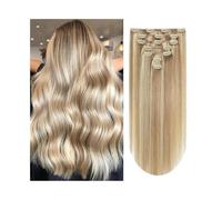 Extension for capelli lisci con clip, veri capelli umani, 8 pezzi, castano castano chiaro con mèches bionde, con trama in pizzo a 18 clip, 120 g, 14-26 pollici for le donne Hair Extensions(16inches)