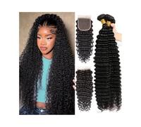 Extension Pacchetti di onde profonde con chiusura 4x4 Capelli umani vergini brasiliani 3 pacchetti con chiusura in pizzo a parte libera Estensioni for capelli ricci Remy Braiding Hair(30 30 30Closure