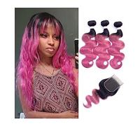 Extension per Capelli 1B Rosa Rosa Ombre Capelli Umani 2/3 Fasci con Chiusura Pizzo Trasparente Onda Del Corpo Estensione Del Tessuto Dei Capelli di Remy 10-22 pollici MogulHair Extension per Treccine