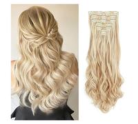 Extension per capelli con clip Clip nelle estensioni dei capelli ondulati lunghi 7 pezzi Clip invisibile Posticci spessi Pezzo di capelli biondo dorato Morbida testa piena Fibra sintetica for donne, 2
