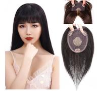 Extension per capelli con frangia spessa, con clip, capelli veri, liscia, base in seta, di ricambio (13 x 14 cm, 20 cm, 2/33# marrone scuro)