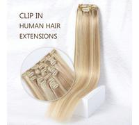 Extension per capelli molletta-in da 14-20 pollici, 7 pezzi, colore biondo cenere con ciocche bionde, extension per capelli lisci in veri capelli umani, doppio weft (14-20 pollici #P18/613 biondo cene