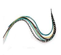Extension per capelli: piume di gallo indiano, blu, turchese, marrone e grizzly, cinque vere piume di gallo legate insieme, che vanno da 15,2 a 25,4 cm di lunghezza, un'estensione