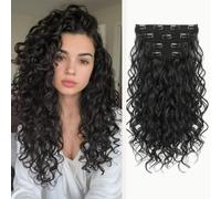 Extension per capelli sintetici da 14 pollici a clip per donne,1b# | Extension Clip Ricci Mossi, Cucitura Invisibile, Setose e Morbide, Comode e Veloci, Facili da Installare