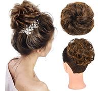 Extension per chignon disordinato, 100% veri umani, arricciati, con fascia elastica, extension per coda di cavallo da donna (marrone medio con biondo dorato)