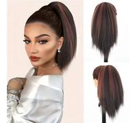 Extension per coda di cavallo, capelli umani, Parrucca con clip for coda di cavallo con mèches rosse e nere da 12 pollici Extension per capelli spessi e dall'aspetto natura(Blackish red)