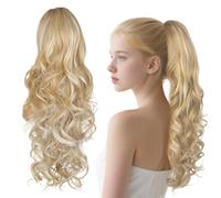 Extension per coda di cavallo con fermaglio a clip, castano bianco, 60 cm, lunga riccia e ondulata, per donna, con clip naturale per volume e lunghezza in pochi secondi