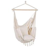 EXTRALINK Poltrona sospesa da giardino XXL - Sedia amaca da esterno e interno senza supporto con 2 cuscini - Portata 150kg - Poltrona sospesa boho in cotone beige - Relax per adulti e bambini