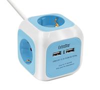 EXTRASTAR 6 in 1 cubo multipresa con USB a 4 prese + 2 porte USB 5 V, 1,5 m, max 3680 W, 16 A, blu, per casa e ufficio
