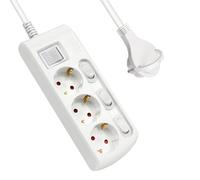 EXTRASTAR Multipresa prolunga con 3 prese + 3 interruttori singoli, 1 interruttore principale, cavo 1,5 m spina piatta, per casa, ufficio e viaggi, 16 A, 250 V, 3680 W, bianco