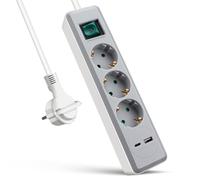 EXTRASTAR Presa multipla con 3 prese e 2 porte USB (USB A+USB C), MAX.PD20W, prolunga presa con interruttore, 3 m, per casa, ufficio e viaggi, bianco+grigio