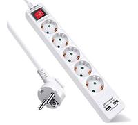 EXTRASTAR Presa multipla con 5 prese e 2 porte USB, prolunga presa con interruttore, 1,5 m, per casa, ufficio e viaggi, 3680 W, bianco, 1 pz