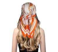 EXTREE Sciarpa quadrata media in raso con effetto seta, per avvolgere i capelli da donna, 67,5 × 69,8 cm, Ruote arancioni e bianche, 27.5 x 27.5 inches