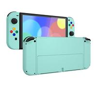 eXtremeRate Cover Pulsanti Tasti Ricambio per Nintendo Switch OLED Console Joycon,Custodia Posteriore Controller Scocca&Supporto KickStand Metallo per Nintendo Switch OLED-Verde Nebbioso