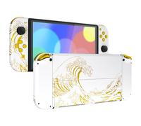 eXtremeRate Cover Tasti Pulsanti Ricambio per Nintendo Switch OLED Console Joycon,Custodia Posteriore Controller Scocca Supporto Shell Kickstand per Nintendo Switch OLED-Grande Onda d'oro Bianca
