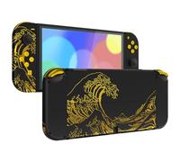 eXtremeRate Cover Tasti Pulsanti Ricambio per Nintendo Switch OLED Console Joycon,Custodia Posteriore Controller Scocca Supporto Shell Kickstand per Nintendo Switch OLED-Grande Onda d'oro Nera