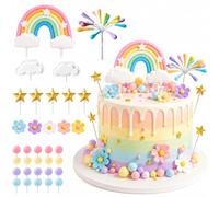 Exylosluxek Set di decorazioni arcobaleno da 34 pezzi per feste di compleanno bambini, Cake Topper arcobaleno con nuvole, stelle e decorazioni a tema fuochi d'artificio