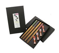 Exzact CS04 Set di Bacchette Regalo - 4 Paia di Bacchette di bambù Naturale riutilizzabili con 4 Pezzi Stand per Bacchette/resti di Bacchette -in Una Bellissima Scatola Nera Fatta a Mano