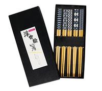 Exzact Set Regalo di Bacchette - 5 Paia di Bacchette di bambù Naturale Riutilizzabili in Una Bellissima Scatola Nera Fatta A Mano - Ornamento Blu Antico Giapponese Decorato