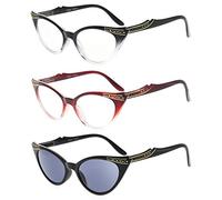 Eyekepper Donne 3 Paia Occhiali da Vista per Signore Occhi di Gatto Vintage Occhiali, Includi Occhiali da sole (Nero Trasparente/Rosso Trasparente/Grigio Lenti, 0.00)