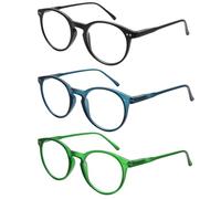 EyeOrion 3 paia di occhiali da lettura classici rotondi opachi con montatura a molla, nero, blu, verde., +1.00